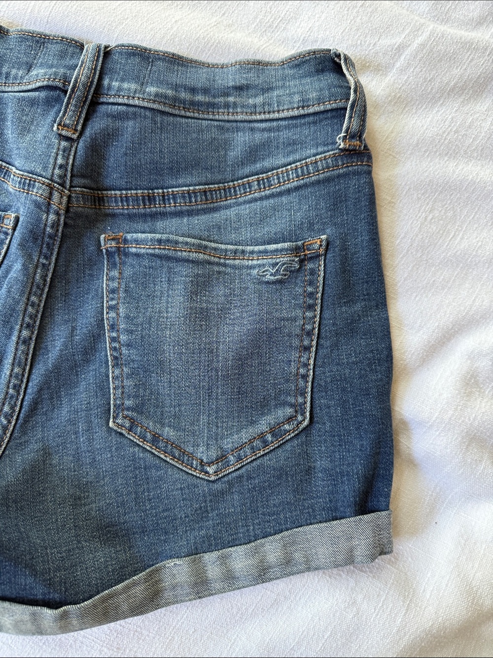 Hollister Blue Denim Rolled-Hem Shorts with Embroidered Pocket